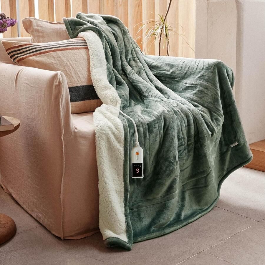 Elektrische Deken 130x160cm Flanel en Sherpa Warmtedeken Groen 9 standen 10uur timer elektrische verwarmingsdeken voor Thuis en Kantoor Snel opwarmen Wasmachinebestendig