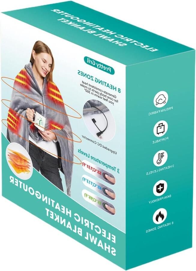 Elektrische deken Verwarmde plaid Buiten opwarmen Draagbaar en oplaadbaar 150 cm lang Grijs