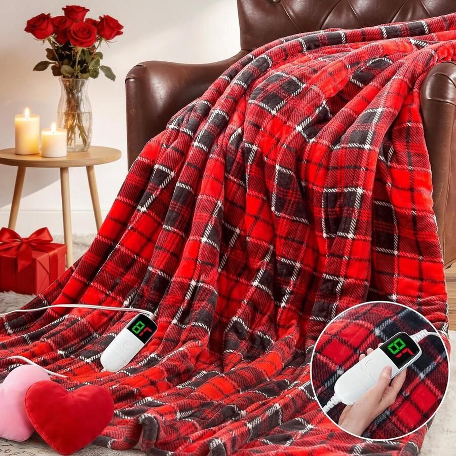 Elektrische deken Verwarmde plaid Gezellig opwarmen 10 warmtestanden 127 x 152 cm Rood geruit