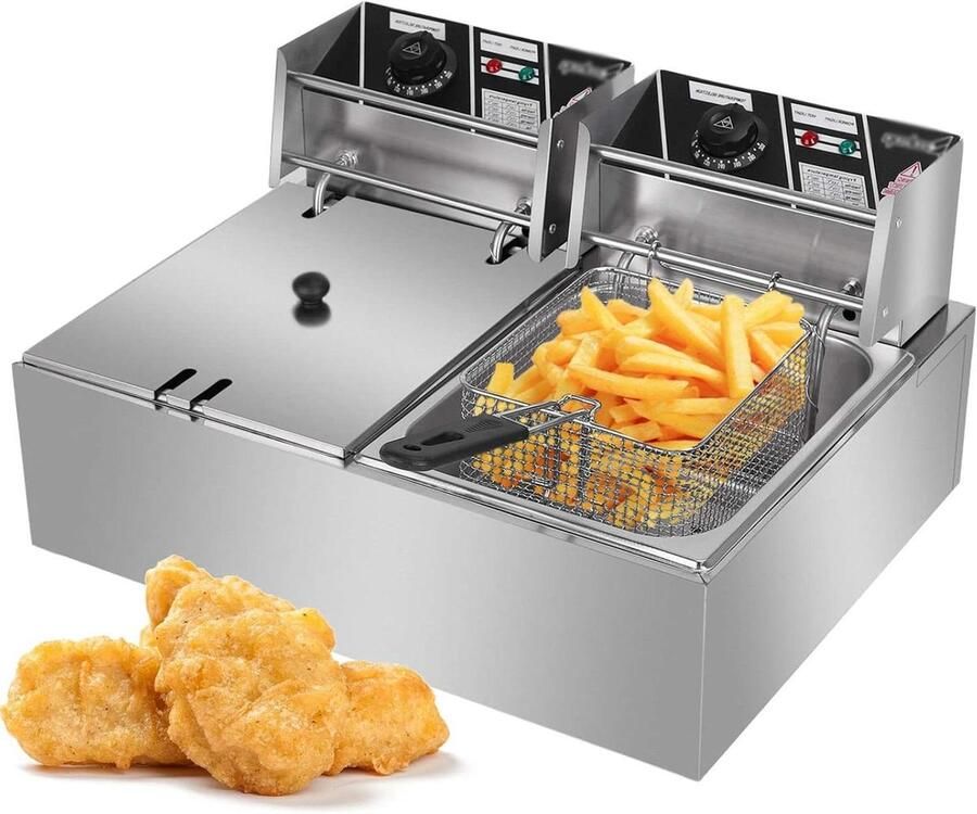 Elektrische Dubbele Friteuse Frietpan Professioneel Thuis Frituren Dubbele Roestvrijstalen Kuip 12L Zilverkleurig