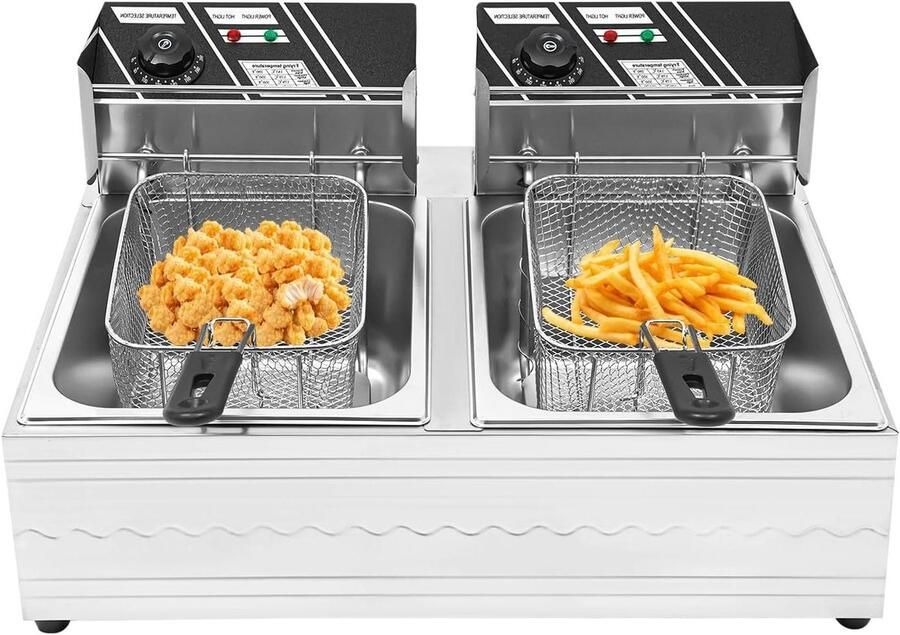 Elektrische Dubbele Friteuse Professionele Frituurpan Grote porties frituren Snelle opwarming 12 liter Zilver