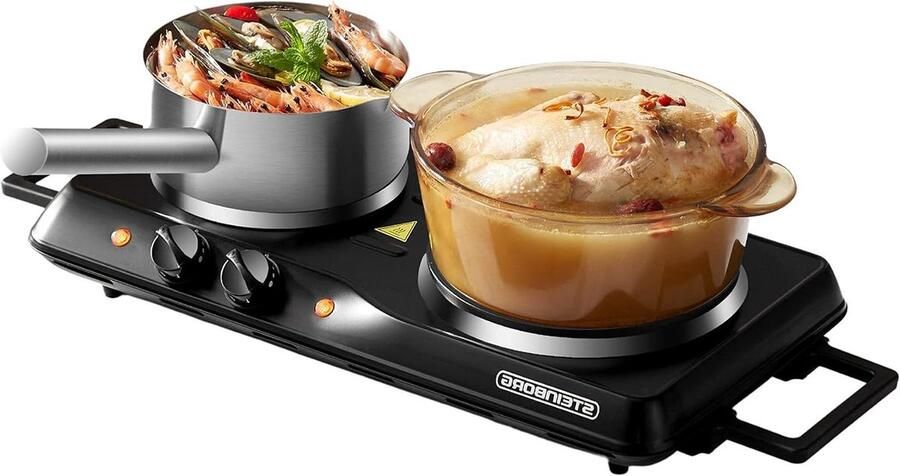 Elektrische Dubbele Kookplaat Draagbaar Fornuis Compact Koken Traploos Instelbaar 46 x 24 x 7 cm Zwart