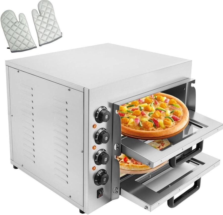 Elektrische Dubbellaagse Pizzabakker Pizzaoven Keuken Pizza's Bakken Dubbele Laag Roestvrij Staal 57x47.5x44 cm Zilver