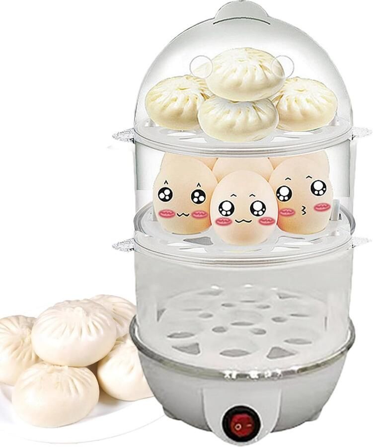 Elektrische Eierkoker Keukenapparaat Stomen Snel Ontbijt Maken Automatische Uitschakeling 3 Niveaus Wit