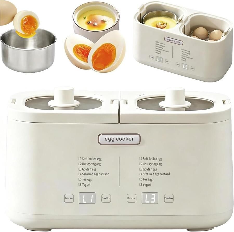 Elektrische Eierkoker Multifunctioneel Eieren Koken Dubbele Zone Regeling 8 Eieren Wit