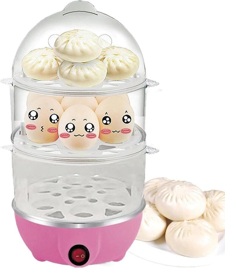 Elektrische Eierkoker Stoomkoker Koken Ontbijt Bereiden 3-Lagen Stomen 16 x 16 x 28 cm Roze