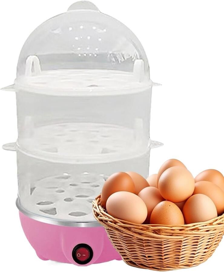 Elektrische Eierkoker Stoomkoker Multifunctioneel Snelle Maaltijden Bereiden Drie Stoomniveaus 16 x 16 x 28 cm Roze