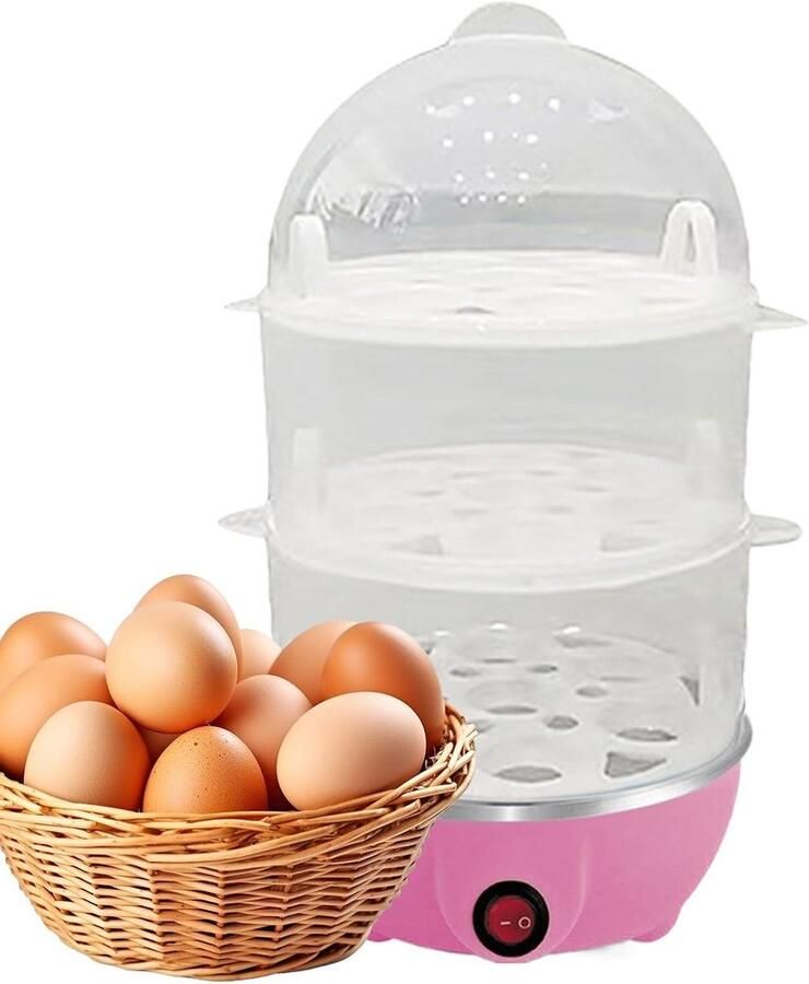 Elektrische Eierkoker Stoomkoker Ontbijt Maken Drie Lagen 16x16x28cm Roze