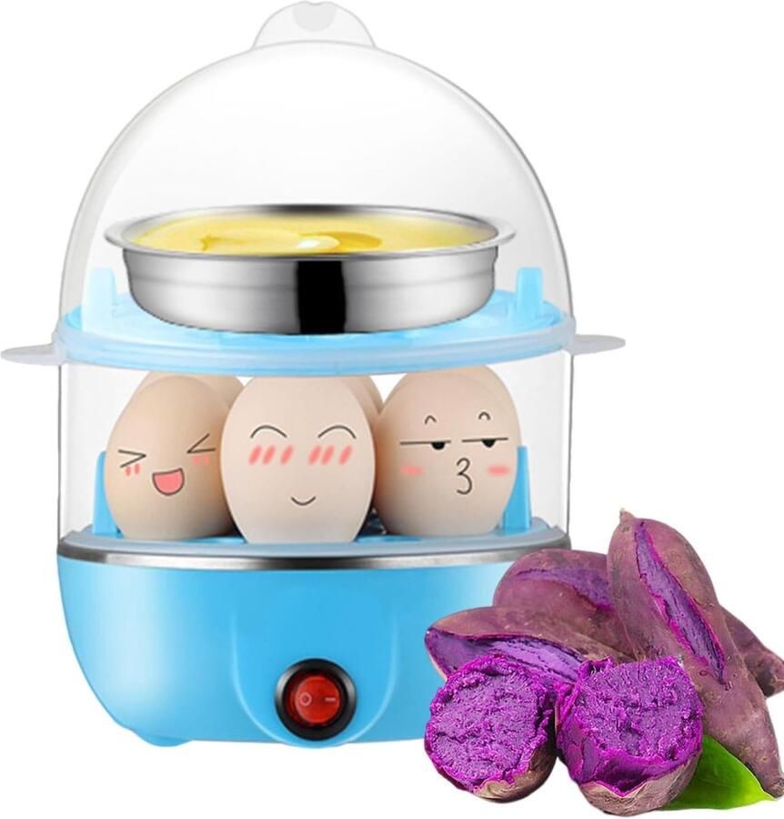 Elektrische eierkoker Stoommachine eieren Snel ontbijt Automatische stop Dubbele laag Blauw