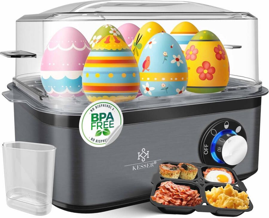 Elektrische eierkoker voor 1 tot 8 eieren met warmhoudfunctie en regelbare hardheid vaatwasmachinebestendig