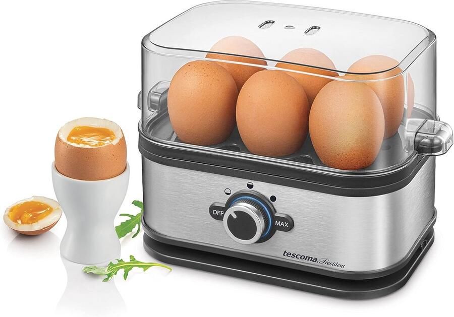 Elektrische eierkoker voor 6 eieren met 3 kookprogramma's in roestvrij staal