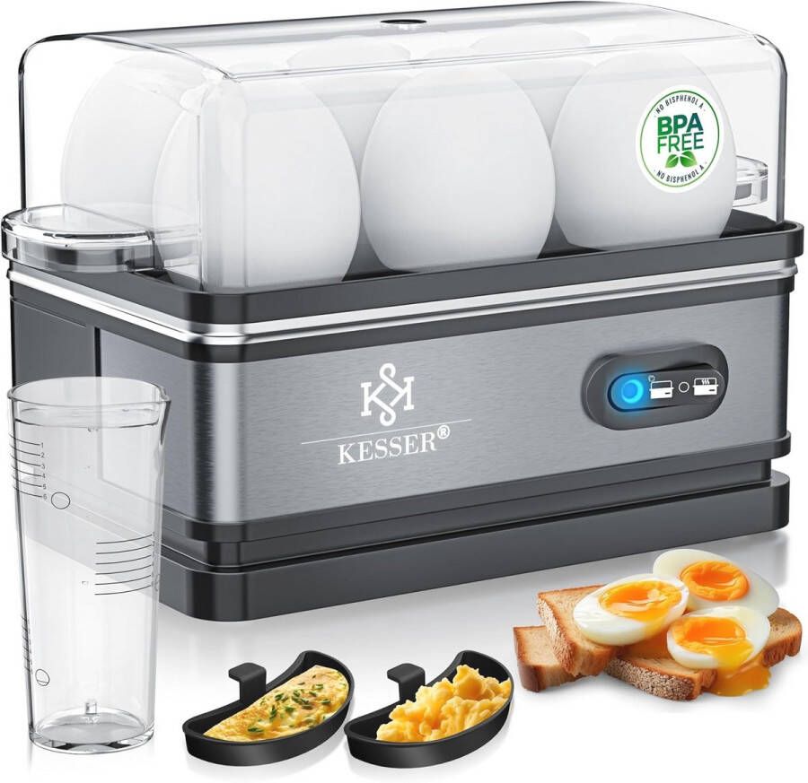 Elektrische Eierkoker voor 6 Eieren Roestvrij Staal met Warmhoudfunctie en 3 Hardheidsgraden