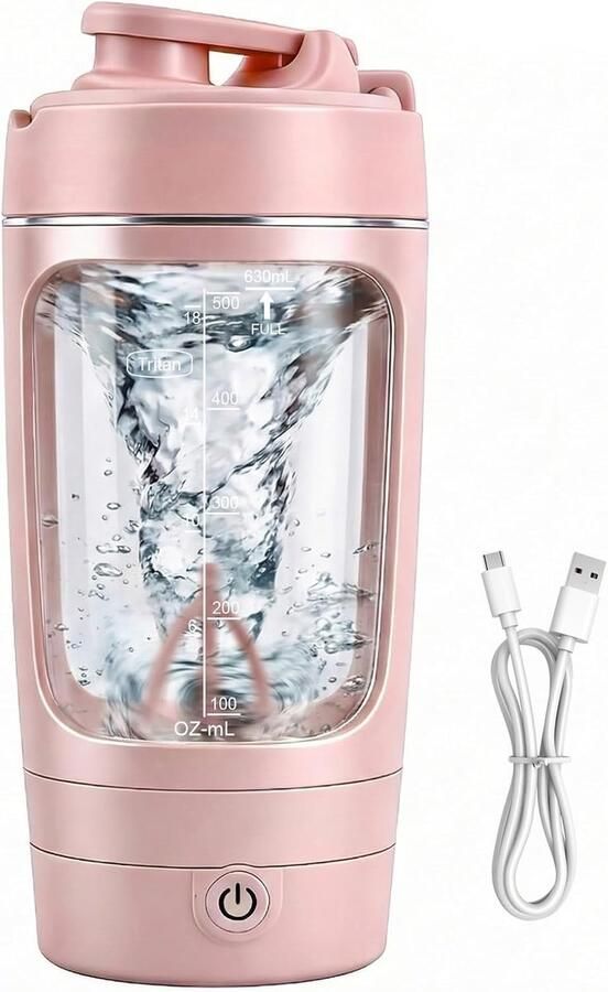 Elektrische eiwitshaker 630 ml draagbare automatische vortexmixer met USB-C oplading 1200 mAh 9000 omwentelingen per minuut BPA-vrije Tritan shakerfles geschikt voor eiwitshakes en melkdranken (Roze)