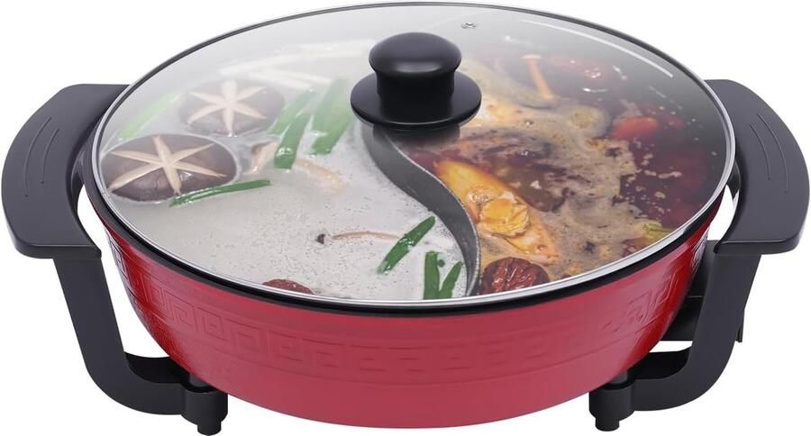 Elektrische Fonduepan Dubbele Sauspan Gezellig Tafelen Verstelbare Temperatuur 6 Liter Capaciteit Rood