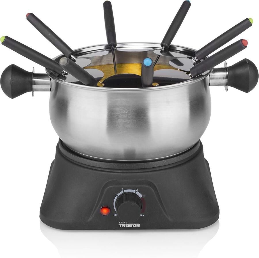 Elektrische Fondueset 8 Personen – 1 3 Liter RVS – Draaibare Sausring met 6 Bakjes – RVS Vorkjes – Instelbare Thermostaat – 1400 W