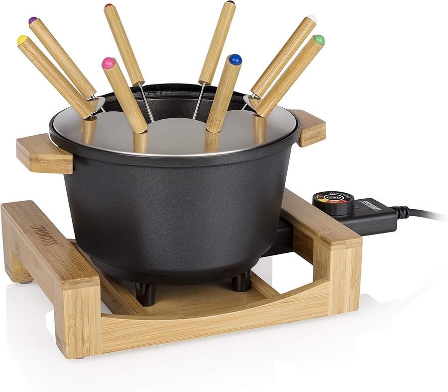 Elektrische Fondueset 8 Personen – 1 5 Liter – Instelbare Thermostaat – Bamboe Behuizing – Voor Vlees- Kaas- en Chocoladefondue – Zwart