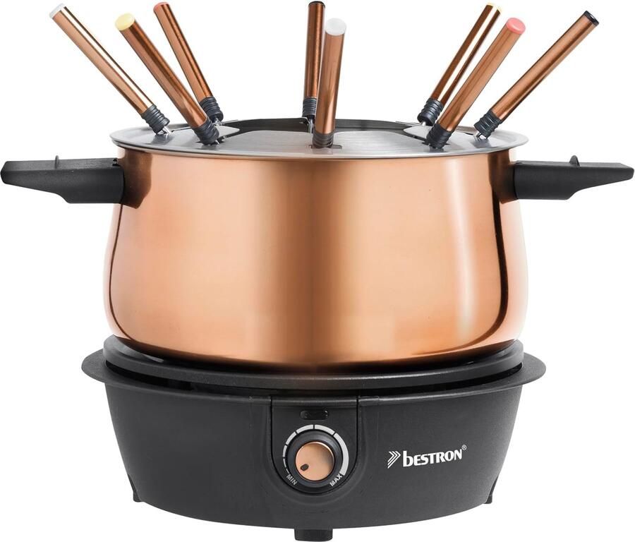 Elektrische Fondueset 8 Personen – 1 5 Liter – Traploze Thermostaat – Spatring en 8 Gekleurde Vorkjes – 1500 W – Koper