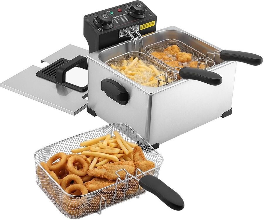 Elektrische Friteuse Commercieel Tafelmodel 5 2 Liter Oliecapaciteit 2500 W 3 Frituurmandjes Temperatuurregeling met Timer Zilverkleurig