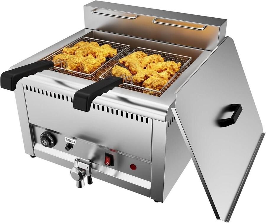 Elektrische Friteuse Commerciële Frituurpan Braadmachine Grote Porties Frituren Dubbele Verwarmingsbuizen 22 liter Zilver