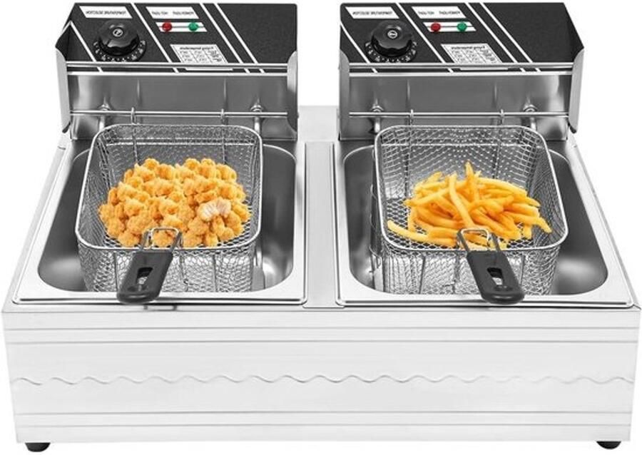 Elektrische friteuse Dubbele frituurpan Professioneel frituren Temperatuur instelbaar 2x 6 liter Zilver