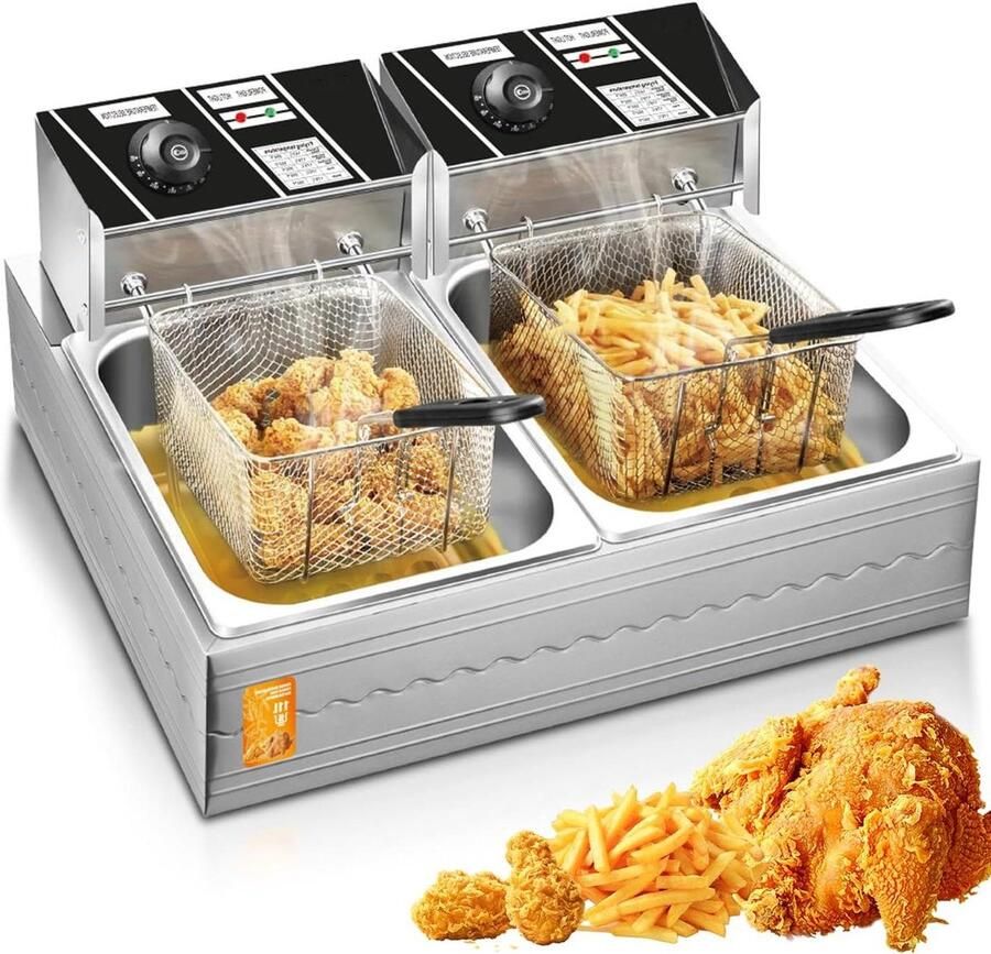 Elektrische Friteuse Dubbele Pan Grote Porties Frituren Temperatuurregeling 50-220°C 55L + 55L Zilver