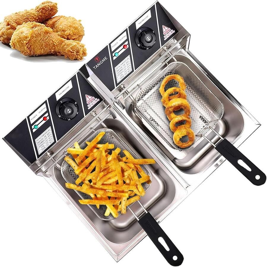 Elektrische Friteuse Dubbele Tank Commercieel Frituren Instelbare Temperatuur 20 Liter Zilver