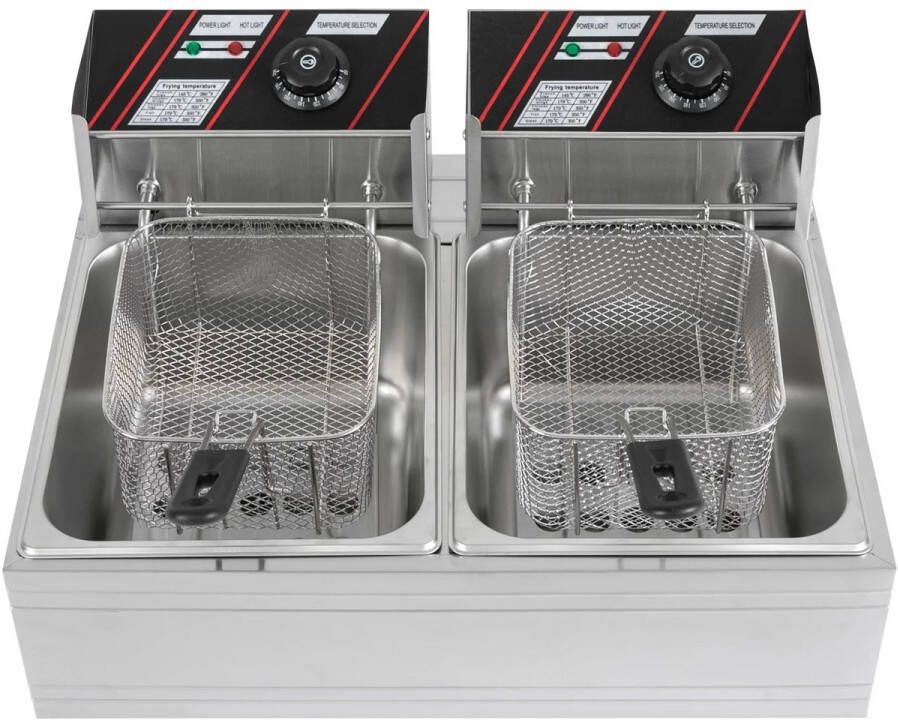 Elektrische Friteuse Dubbele Tank Dompel Frituurpan Professionele Frituurmachine Roestvrijstaal 2 x 6L Capaciteit 2 x 2500W Vermogen Temperatuurregeling Voor Friet Snacks Kip Garnalen Horeca & Thuisgebruik