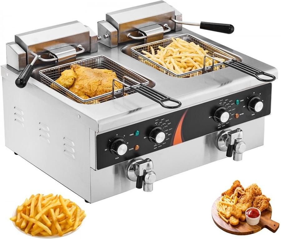 Elektrische Friteuse Dubbele Tank Horeca Frituurpan Vermogen 2x 3000 W Inhoud 2x 5 9 L Twee Manden Roestvrij Staal Tijd- en Temperatuurregeling