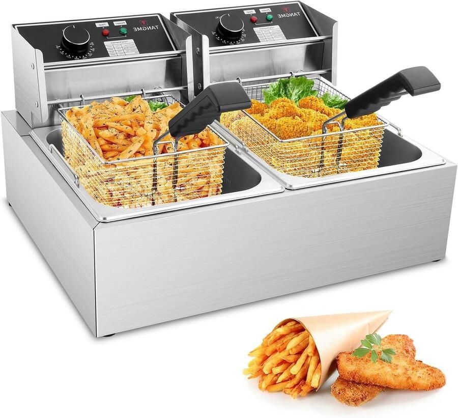 Elektrische Friteuse Dubbele Tank Professioneel Frituren Roestvrij Staal 2x 6 Liter Zilver