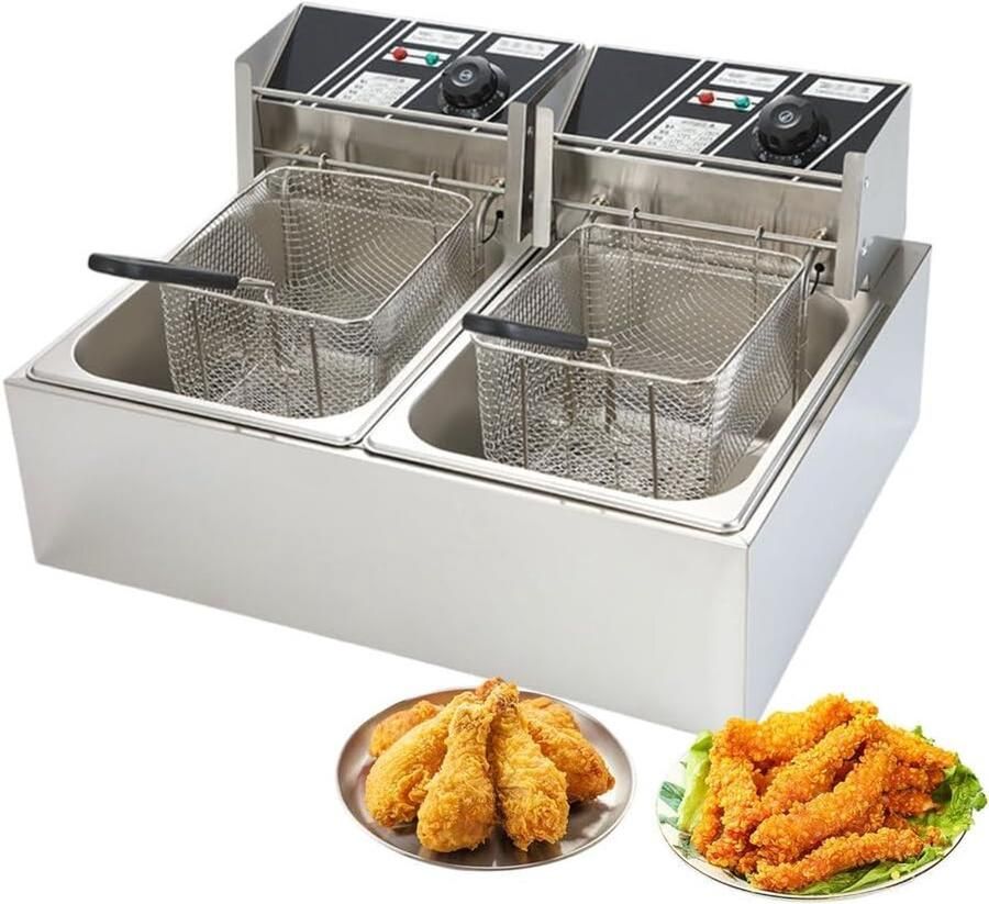 Elektrische Friteuse Dubbele Tank Professioneel Frituren Snelle Temperatuurregeling 2x 6.3 Liter Zilver