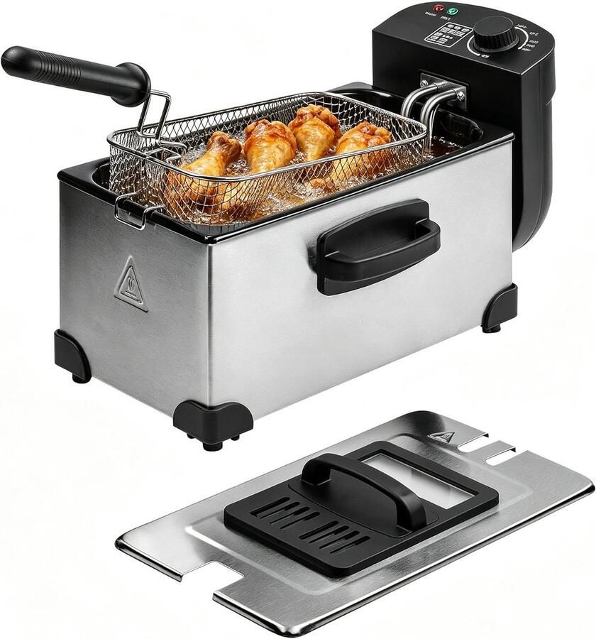 Elektrische Friteuse Frituurpan Frituurmachine Thuis Frituren Snelle Opwarming 3L Capaciteit Zilver