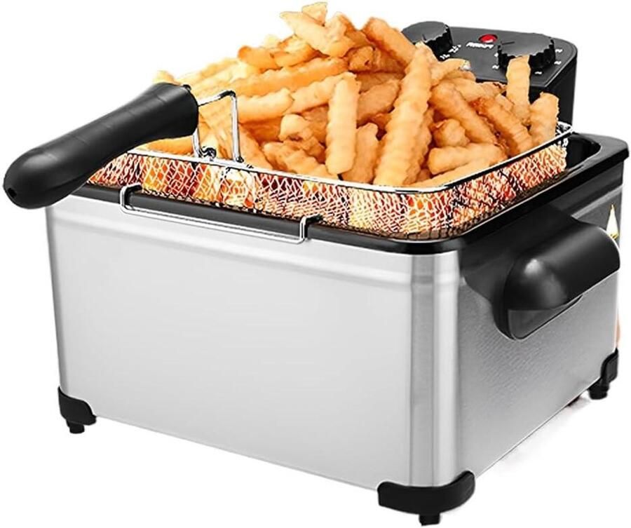 Elektrische Friteuse Frituurpan Vetfriteuse Thuis Frituren Instelbare Thermostaat 5L Zilver