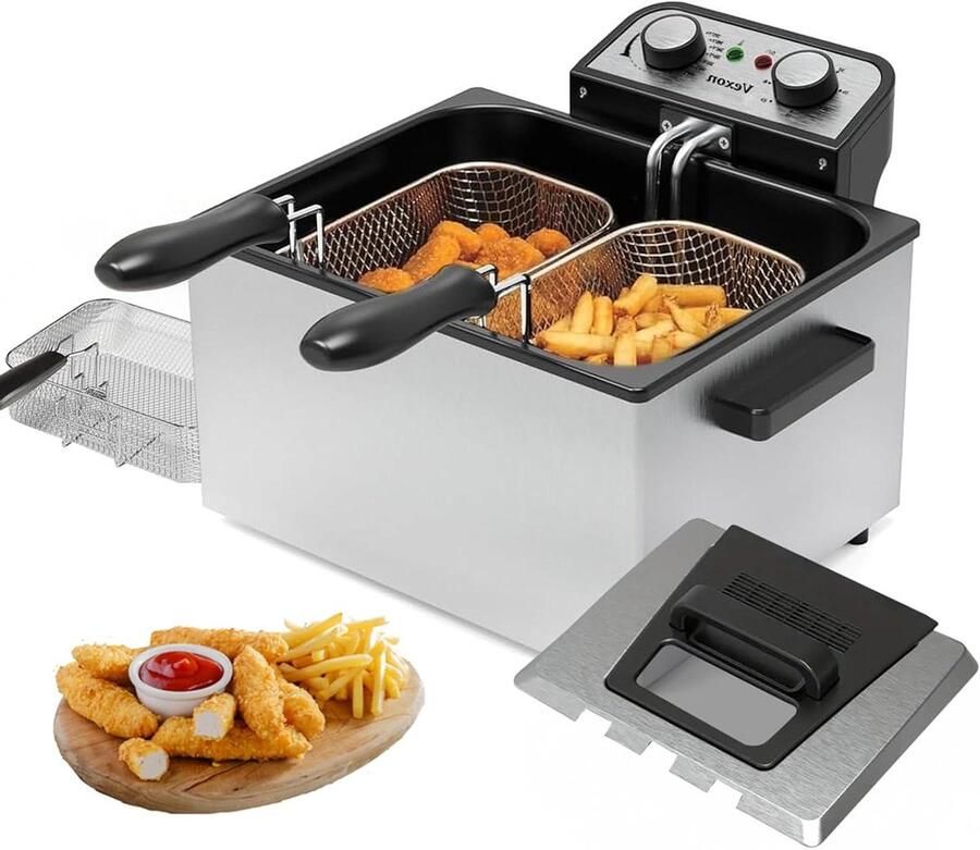 Elektrische friteuse groot 1800 W 5 liter 21 kopjes met 3 frituurmanden instelbare temperatuur vensterdeksel roestvrijstalen pan perfect voor keuken visbraden