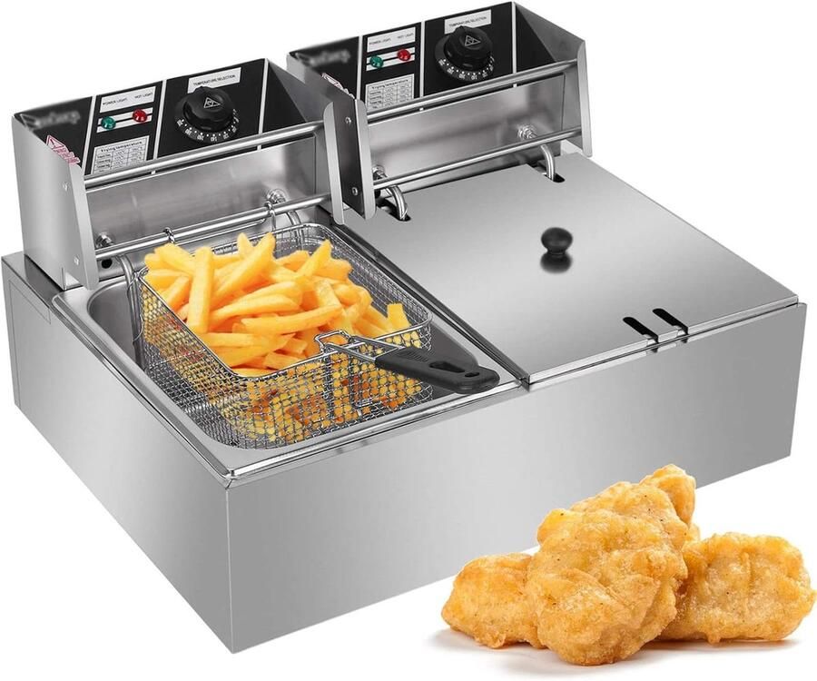 Elektrische Friteuse Grote Frituurpan Thuis Frituren Dubbele RVS Tank 12L Capaciteit Zilver