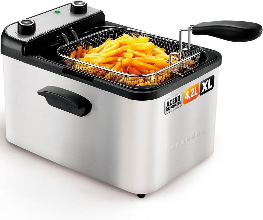 Elektrische friteuse met 4 2 liter inhoud. Maximaal frypro. Instelbare temperatuur en geurfilter. Thermostaat tot 190 °C van roestvrij staal. Oververhittingsbeveiliging (4 2 l)