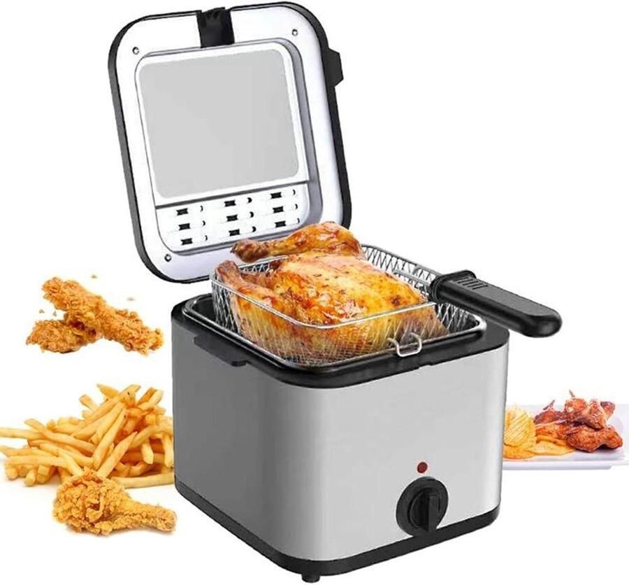 Elektrische Friteuse Mini Frituurpan Thuis Frituren Instelbare Temperatuur 2.5L Zilver