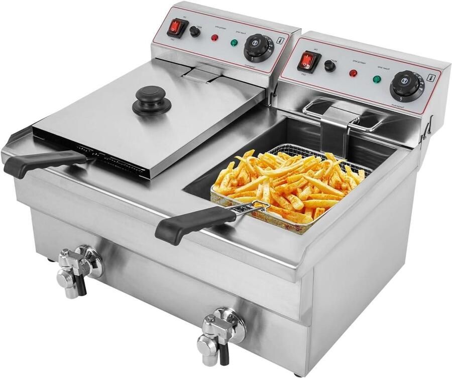 Elektrische Friteuse Dubbele Frituurpan Thuis Frituren Dubbele Container 2x 10 Liter Zilver