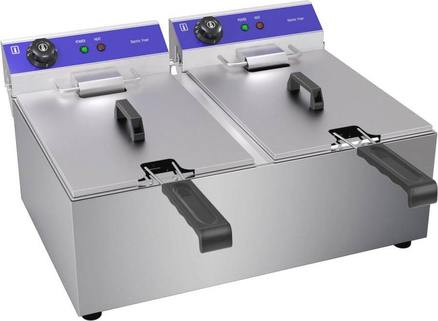 Elektrische Friteuse Roestvrij Staal met Thermostaat 60-200°C 2x8 Liter Frituurmand en Deksel