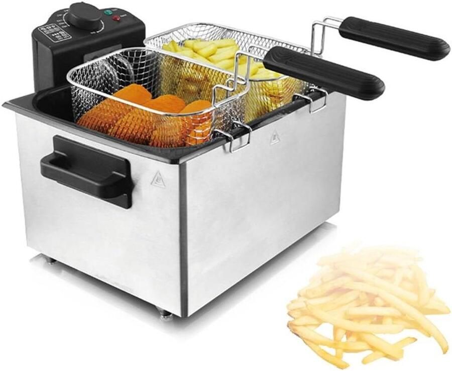 Elektrische Friteuse Roestvrij Staal Professioneel Frituren Dubbele Mand 5 Liter Zilver