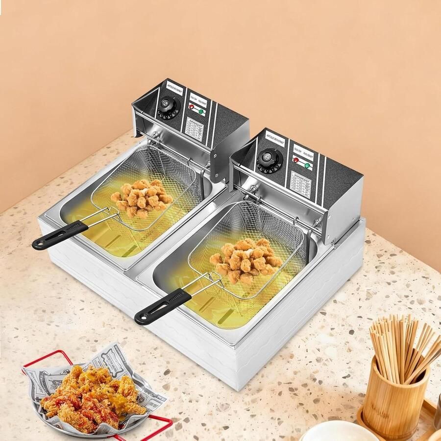 Elektrische Frituurpan Dubbele Cilinder Professioneel Frituren Snelle Verwarming 2x 6 Liter Zilver