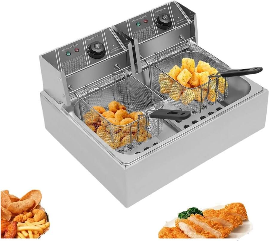 Elektrische Frituurpan Dubbele Frituur Lekker Bakken Onafhankelijke Temperatuurregeling 12 Liter Zilver
