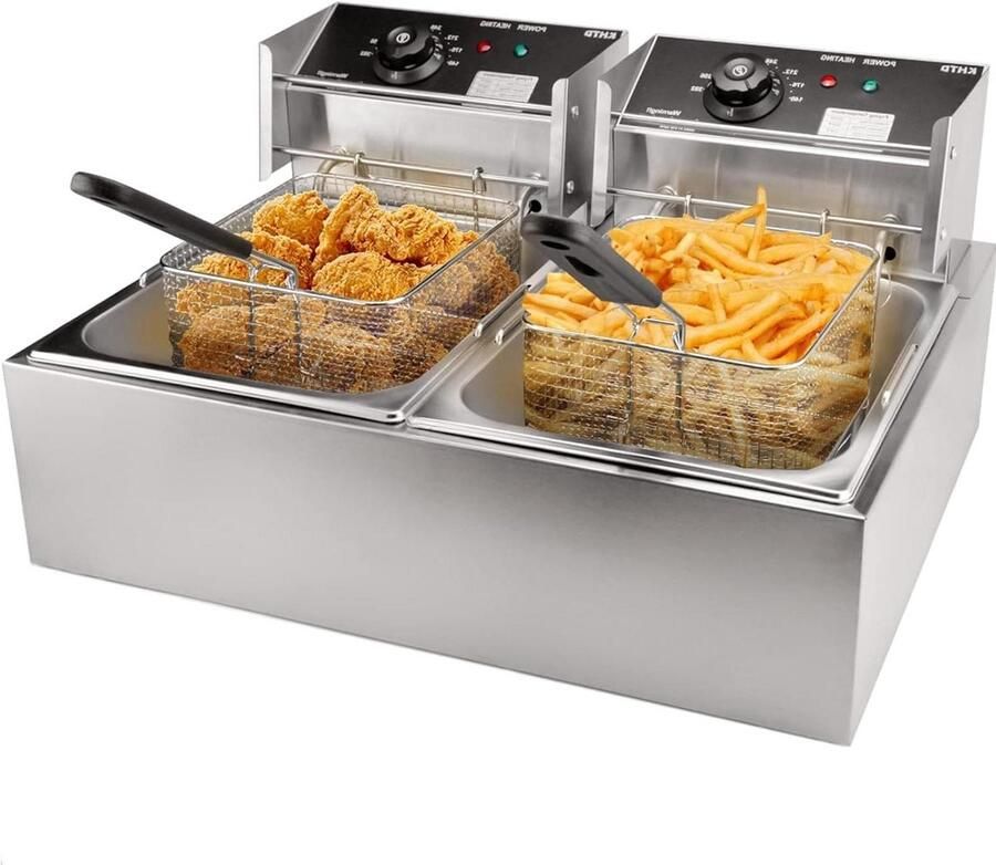 Elektrische Frituurpan Dubbele Frituurmand Frituren van Snacks Roestvrij Staal 6L+6L Zilver