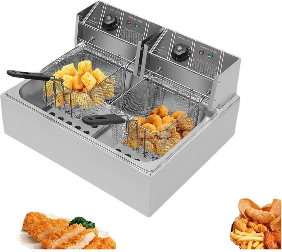 Elektrische Frituurpan Dubbele Frituurmand Lekker Frituren Dubbele Temperatuurregeling 12 Liter Capaciteit Zilver