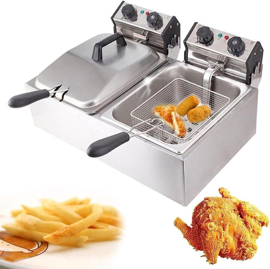 Elektrische Frituurpan Dubbele Pan Professioneel Frituren Snelle Temperatuur Herstel 2x 6 Liter Zilver