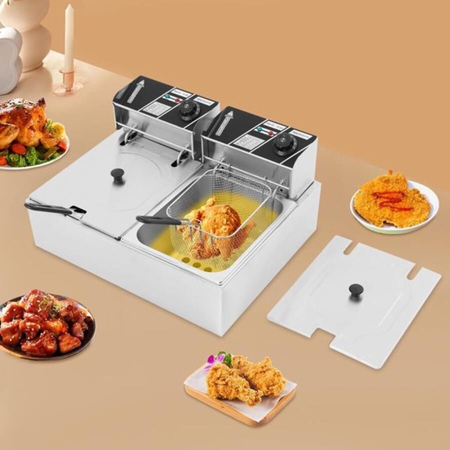 Elektrische Frituurpan Dubbele Tank 5000 W Vermogen 2x 6 Liter Inhoud RVS Voor Restaurant En Thuisgebruik