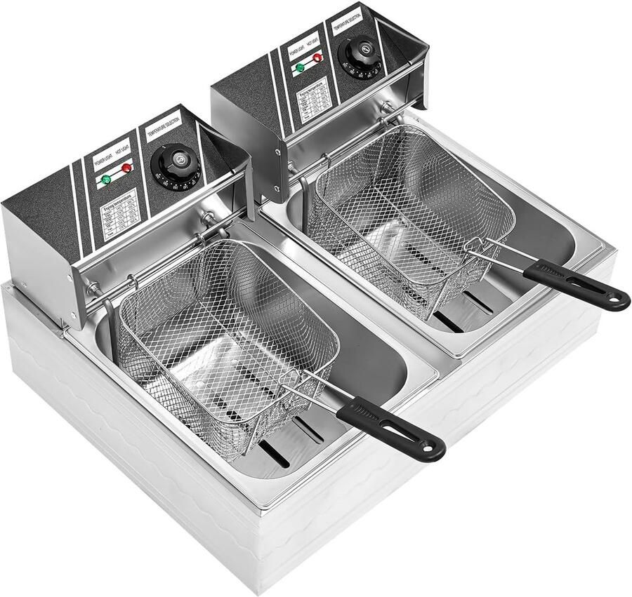 Elektrische Frituurpan Friteuse Dubbel Thuis Frituren Snelle Opwarming 6L Zilver