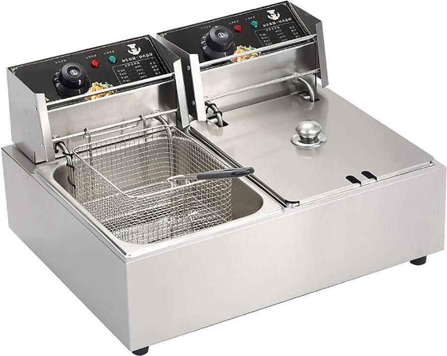 Elektrische Frituurpan Friteuse met Mand Thuis Frituren Verstelbare Temperatuur 20L Zilver