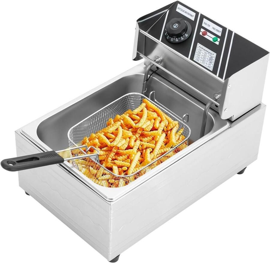 Elektrische Frituurpan Friteuse Roestvrij Staal Professioneel Frituren Snelle Opwarming 6 Liter Zilver
