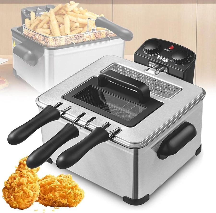 Elektrische Frituurpan Friteuse RVS Thuis Frituren Verstelbare Temperatuur 5 Liter Zilver