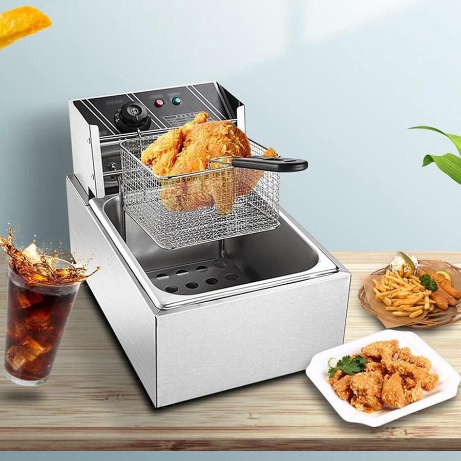 Elektrische Frituurpan Friteuse Tank Professioneel Frituren Snel Opwarmend 6 Liter Zilverkleurig
